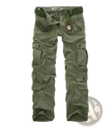 Olive green camouflage cargo trousers for men with multiple pockets and belt looped through waistband