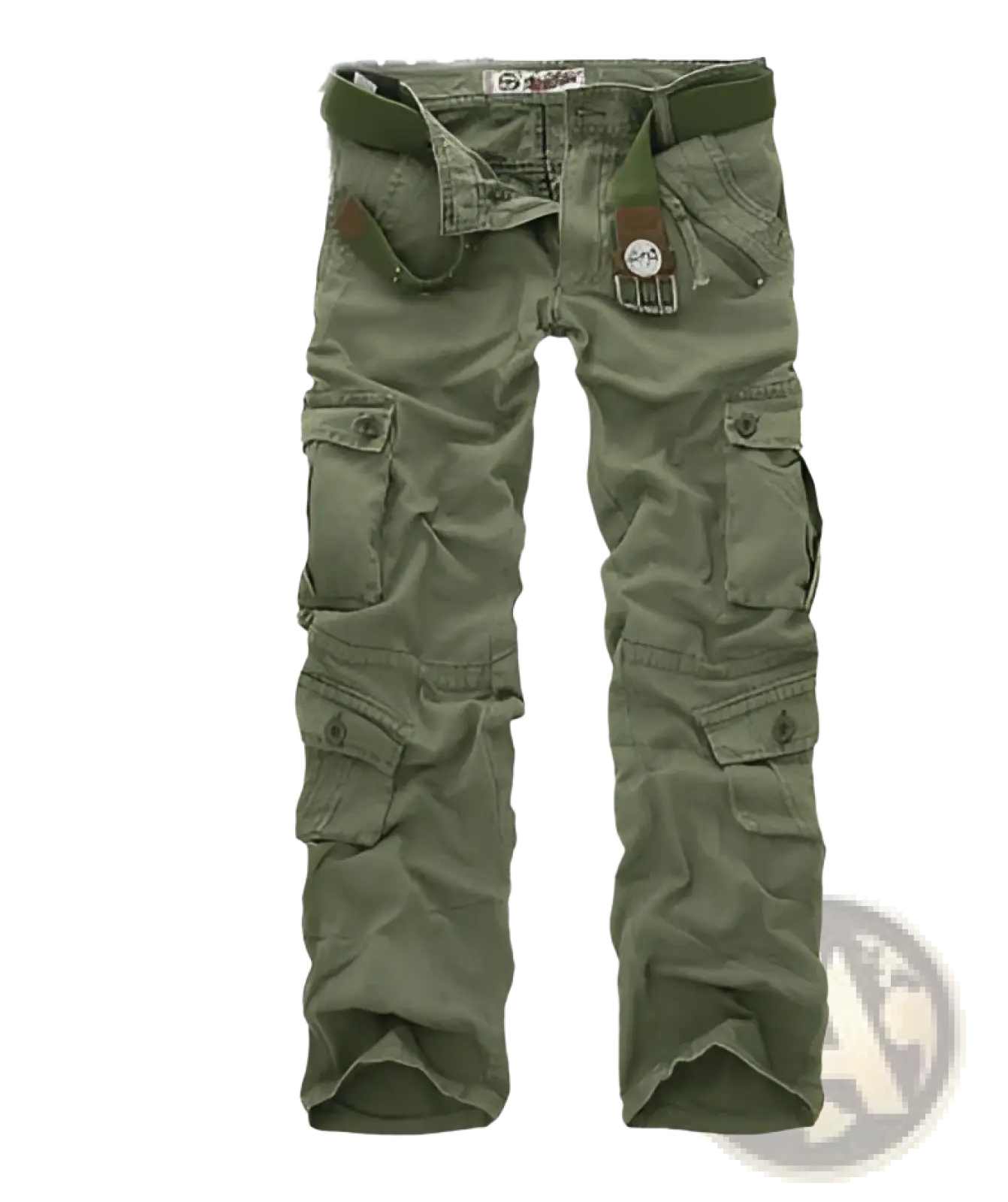 Olive green camouflage cargo trousers for men with multiple pockets and belt looped through waistband
