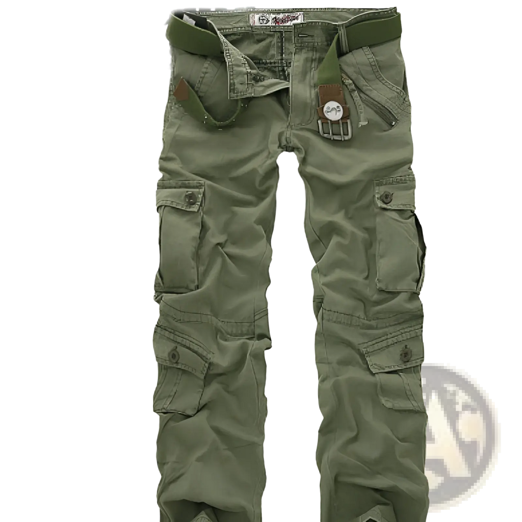 Olive green camouflage cargo trousers for men with multiple pockets and a matching belt for functional style