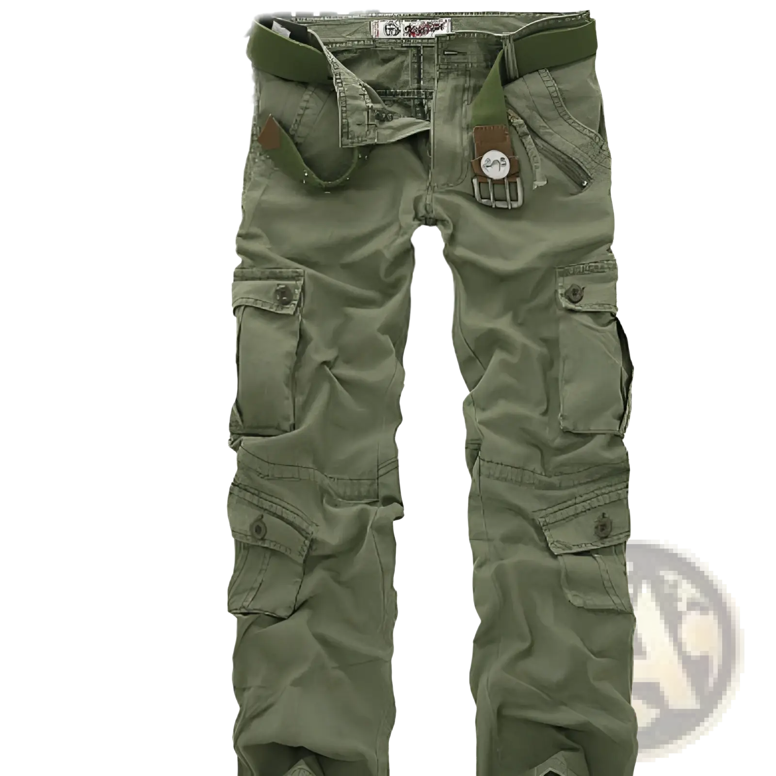 Olive green camouflage cargo trousers for men with multiple pockets and a matching belt for functional style