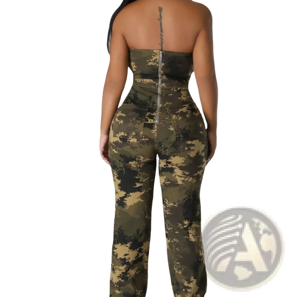 Camouflage flared denim jumpsuit in form-fitting olive green dark brown and tan tones with denim material details
