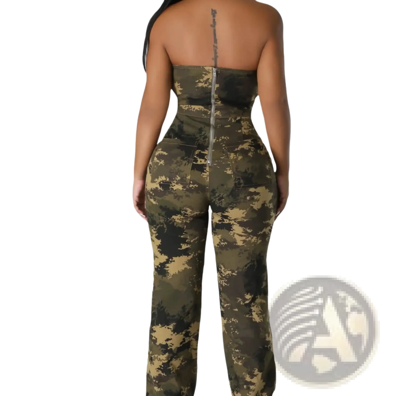 Camouflage flared denim jumpsuit in form-fitting olive green dark brown and tan tones with denim material details