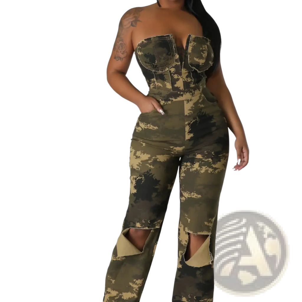 Camouflage flared denim jumpsuit with distressed knee rips and corset-style top in green camouflage print