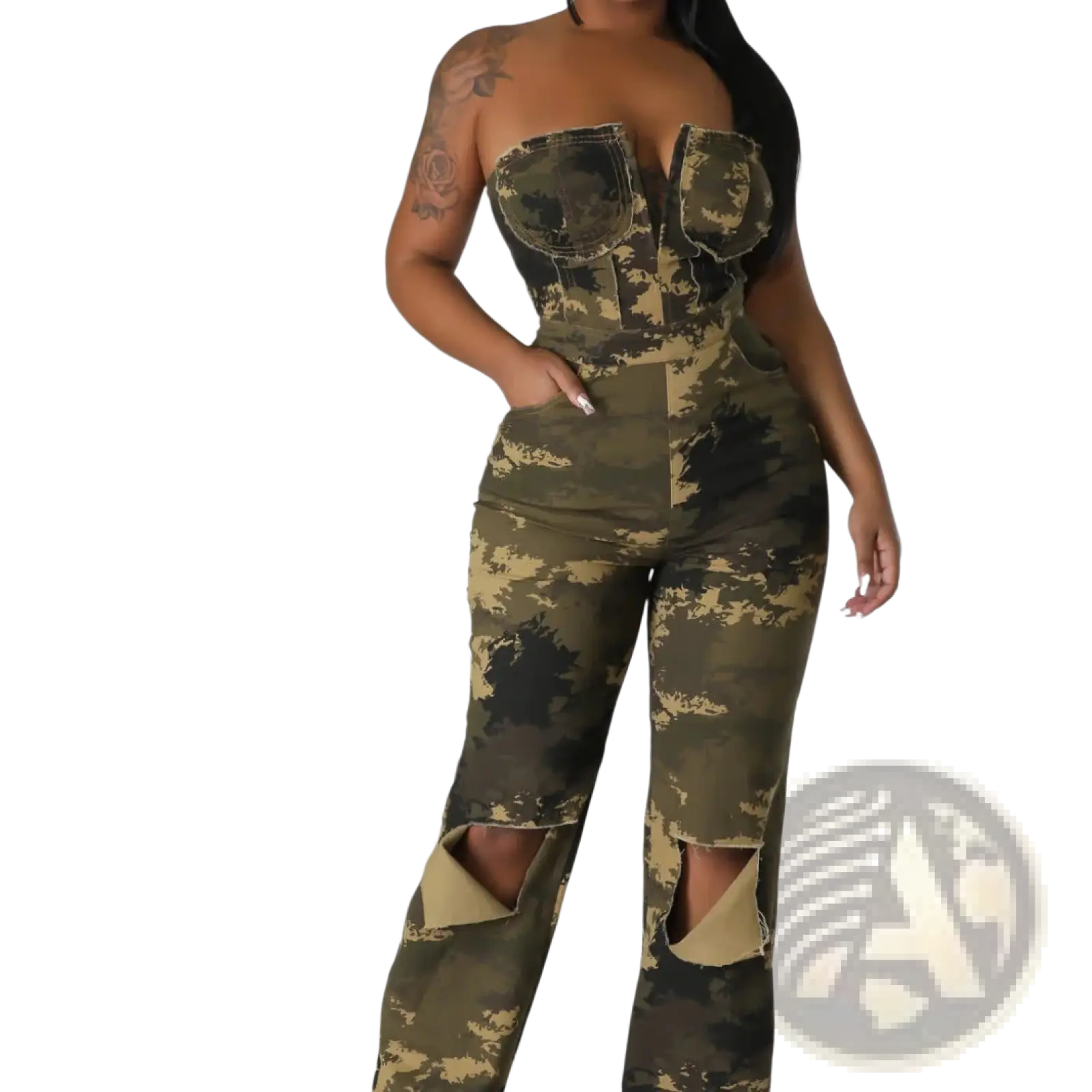 Camouflage flared denim jumpsuit with distressed knee rips and corset-style top in green camouflage print