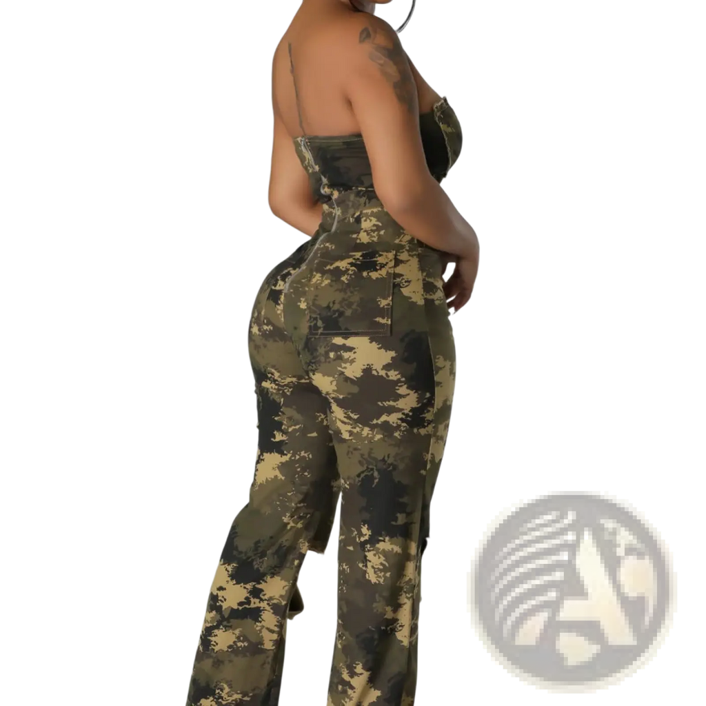 Camouflage flared denim jumpsuit featuring a camouflage pattern with fitted strap top and flared legs in denim material