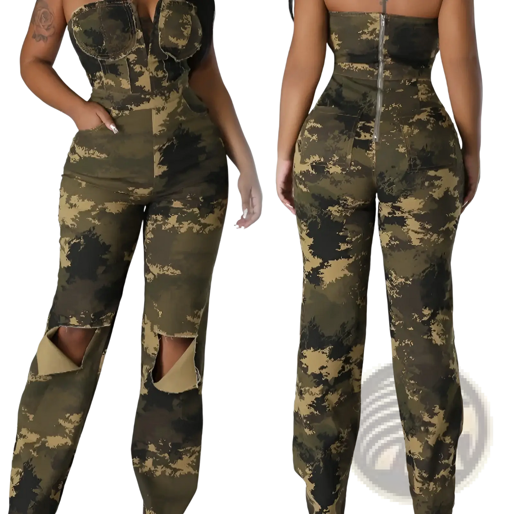 Camouflage flared denim jumpsuit with high waist, distressed knee rips, and front zipper detail in green tones