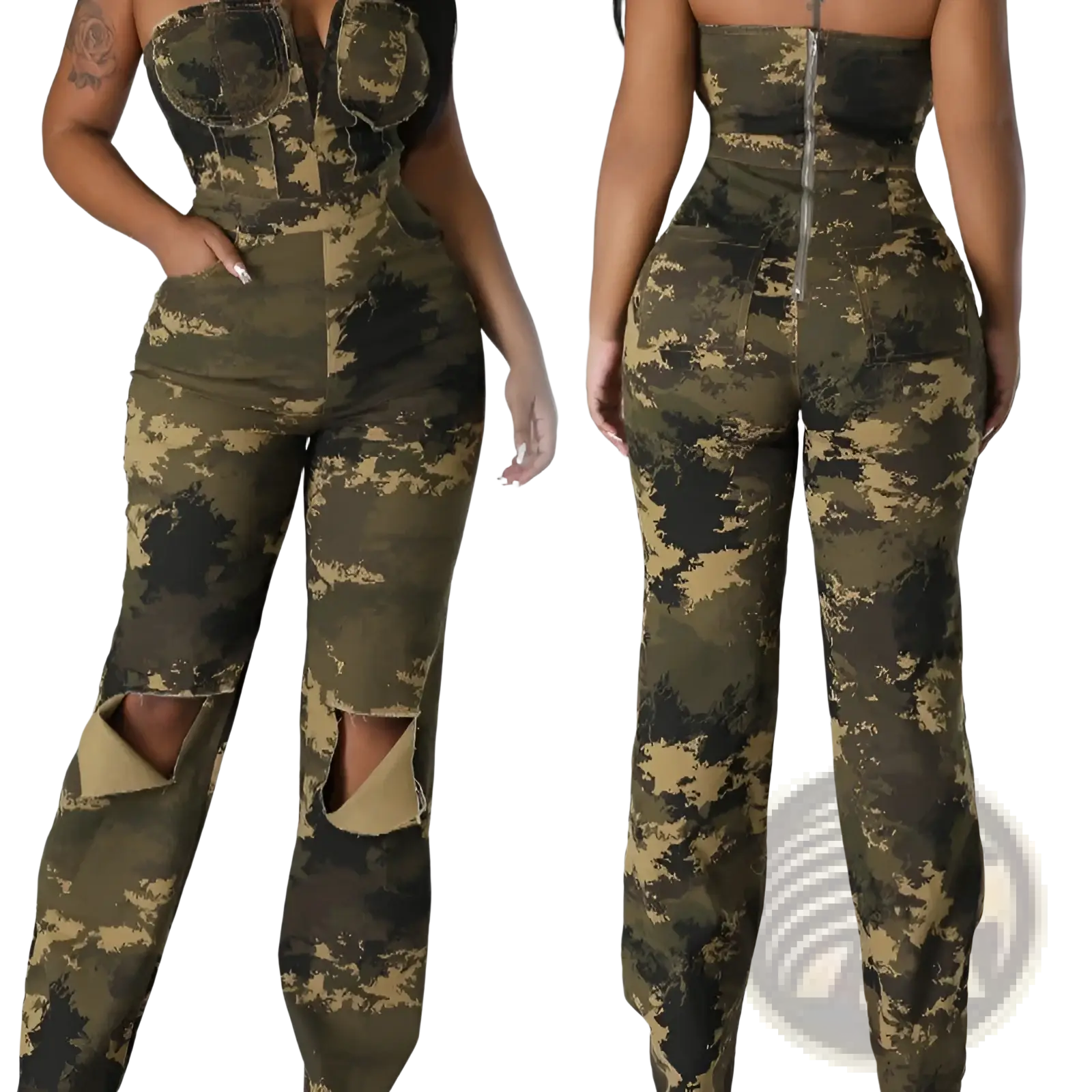 Camouflage flared denim jumpsuit with high waist, distressed knee rips, and front zipper detail in green tones