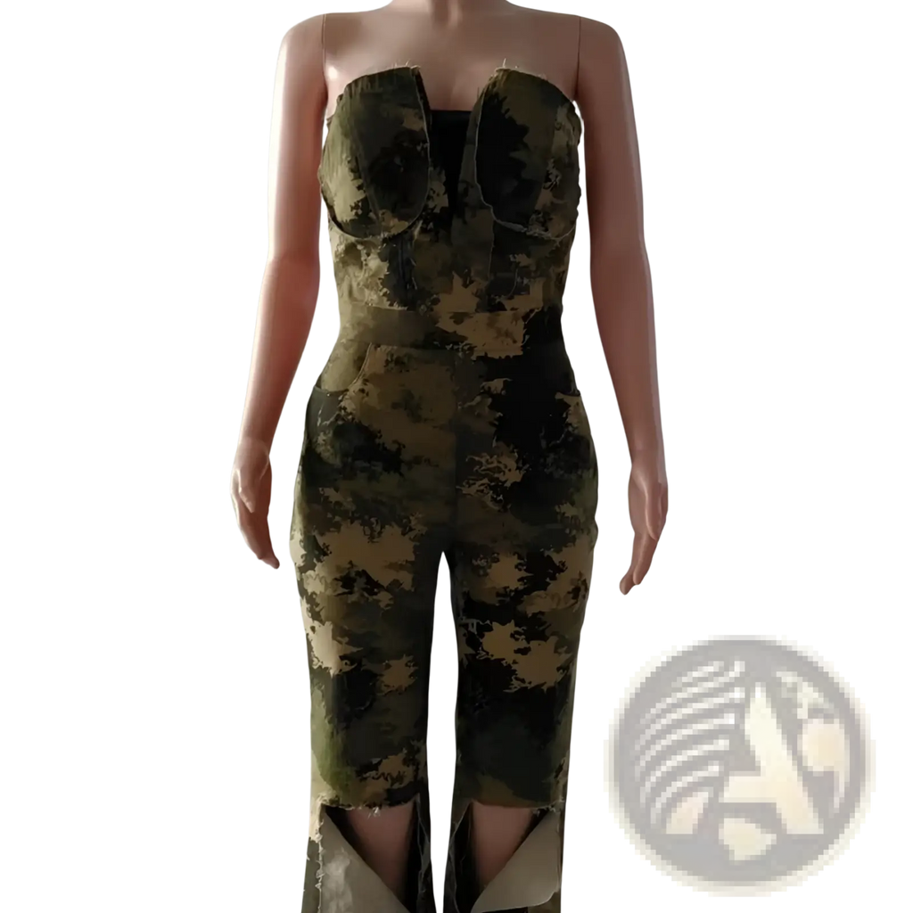 Camouflage flared denim jumpsuit in strapless design with distressed ripped knees in camouflage pattern