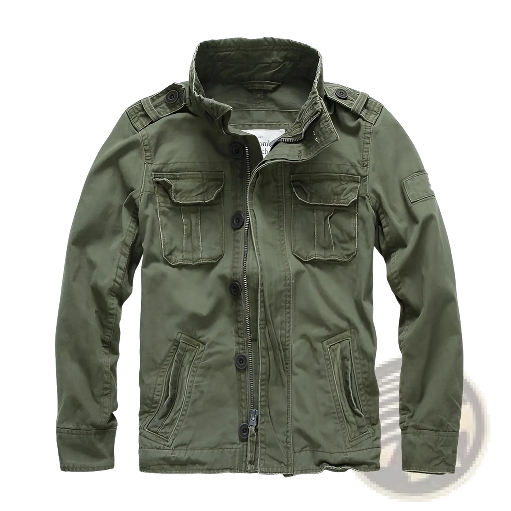 Olive green cotton military-style jacket for men with button zipper closure flap pockets and shoulder epaulets