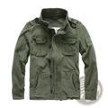 Olive green cotton military-style jacket for men with button zipper closure flap pockets and shoulder epaulets