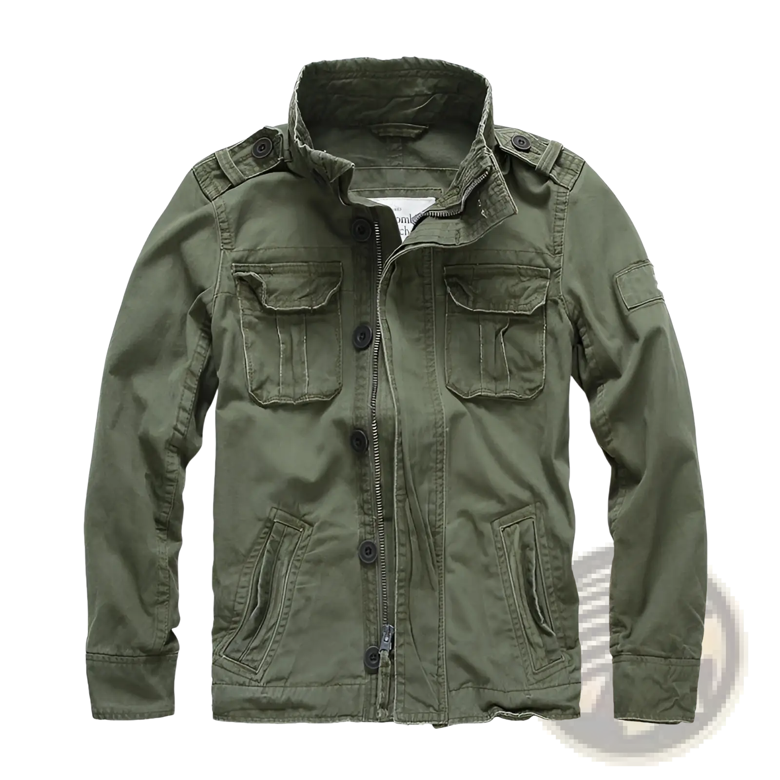 Olive green cotton military-style jacket for men with button zipper closure flap pockets and shoulder epaulets