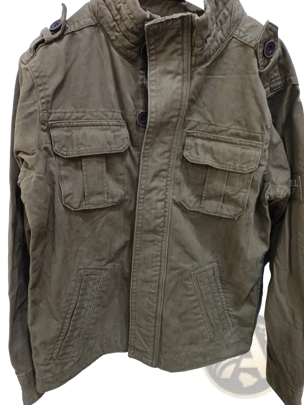 Khaki-colored cotton utility jacket with multiple flap pockets and dark brown buttons for men military outerwear