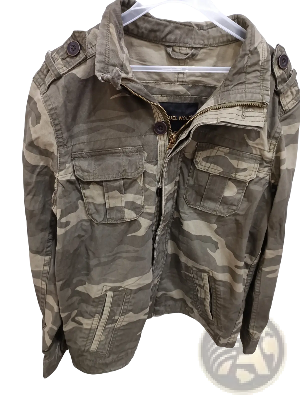 Camouflage military jacket men olive cotton with zippered front, buttoned epaulets, and two chest pockets