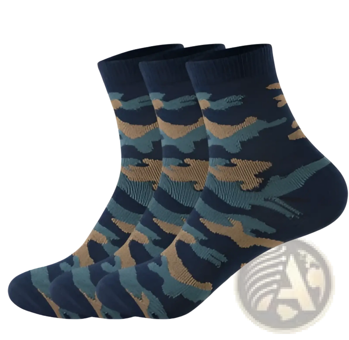 Dark blue camouflage ankle socks with tan and teal accents designed for military training men 5 pairs set