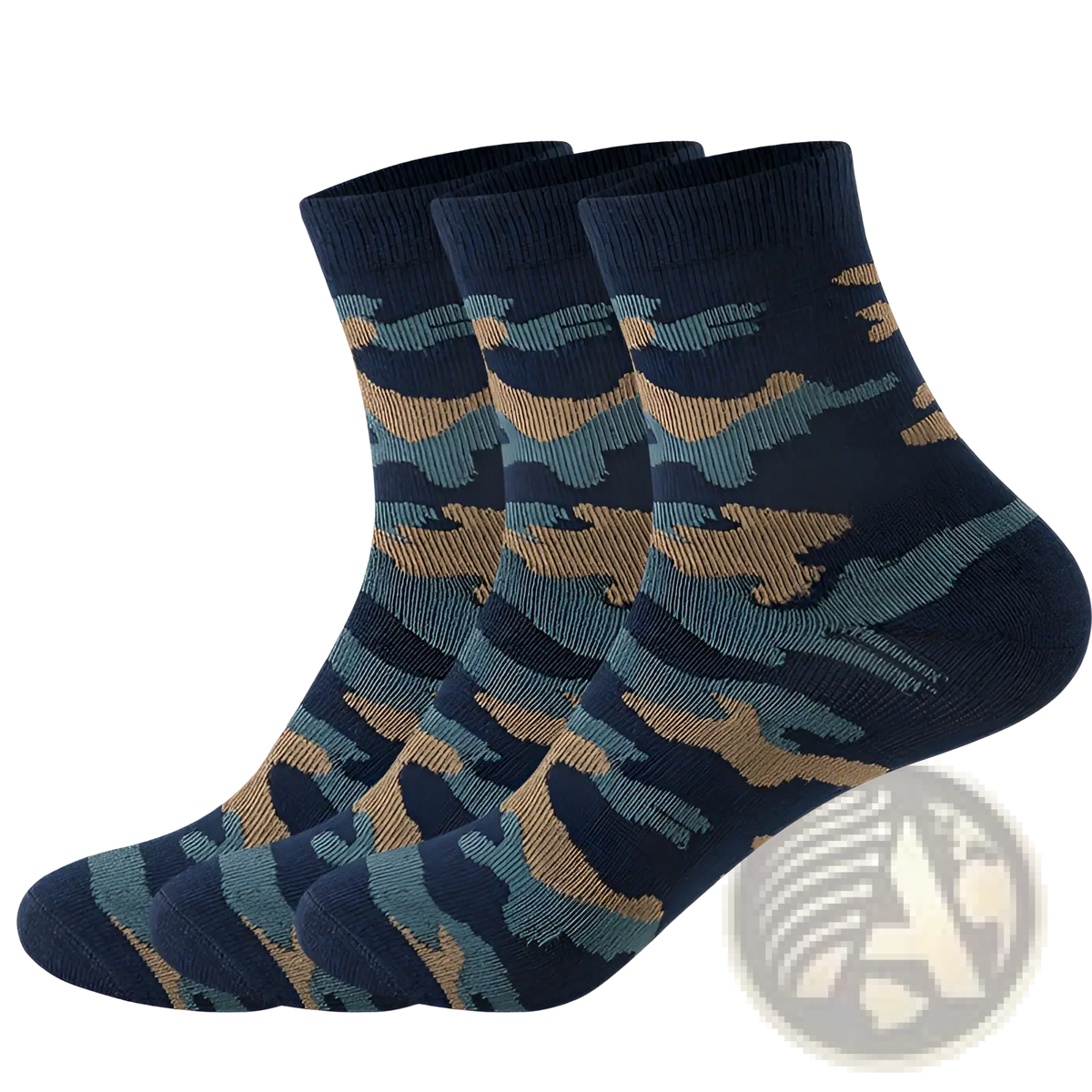Three navy blue ankle socks with tan and teal camouflage pattern for men military training use