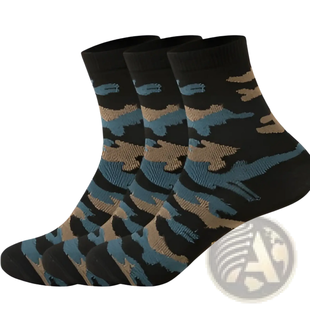 Black ankle socks with blue and tan camouflage pattern designed for military training men’s 5 pairs set