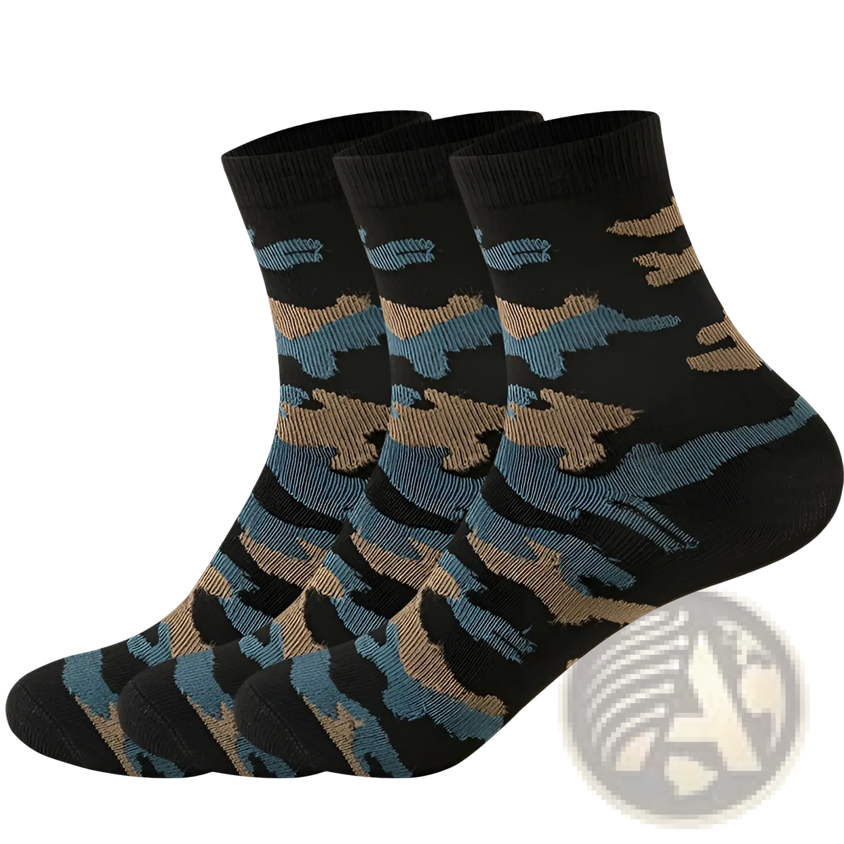 Black ankle socks with blue and tan camouflage pattern designed for military training men 5 pairs