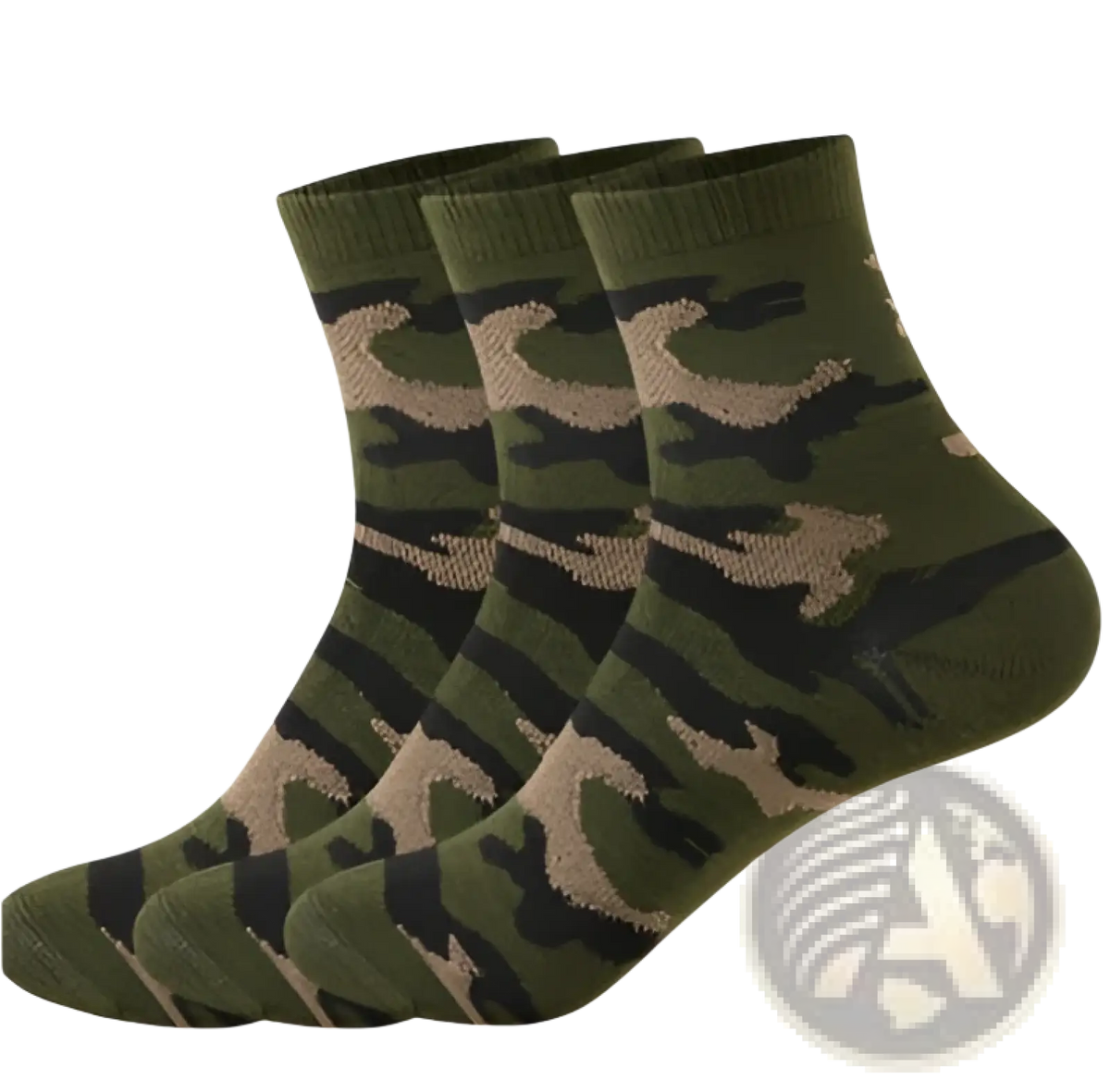 Camouflage military training socks for men in olive green black and tan ankle length with a camouflage pattern