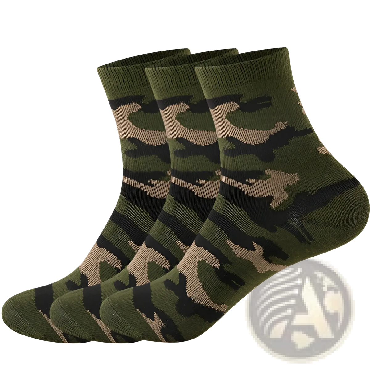 Three pairs of olive green black and beige camouflage military training ankle socks for men in cotton blend