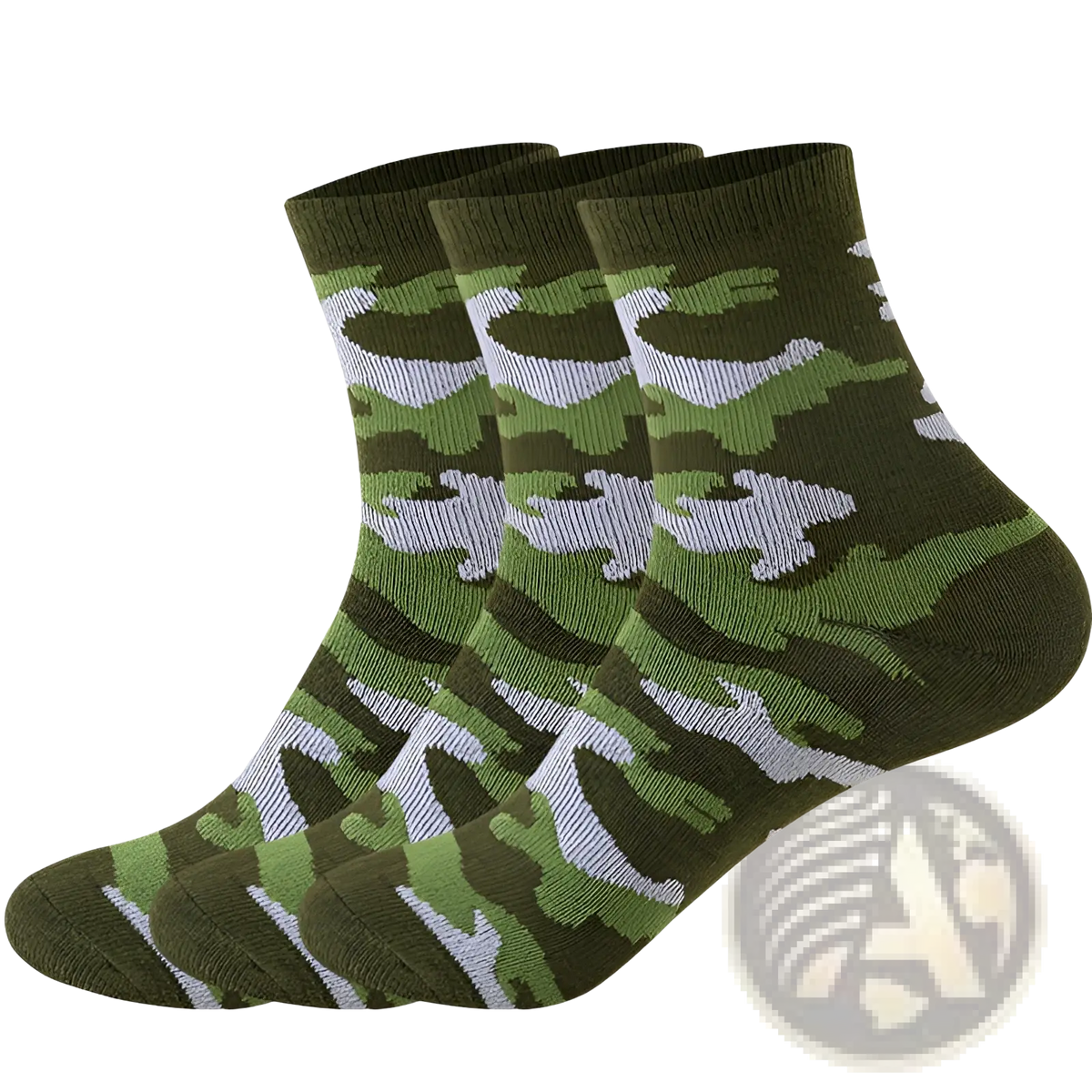 Three olive green and white camouflage military training ankle socks for men in a 5 pairs pack