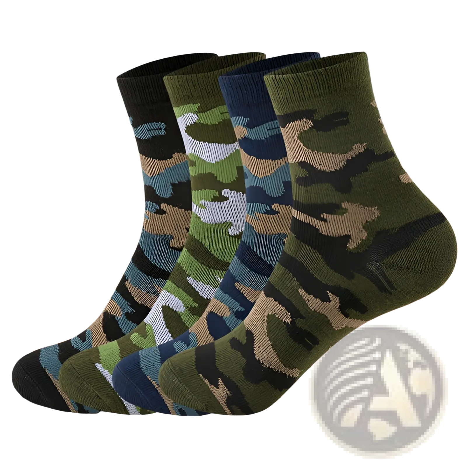Four pairs of camouflage military training socks for men in green blue and beige with ribbed cuffs