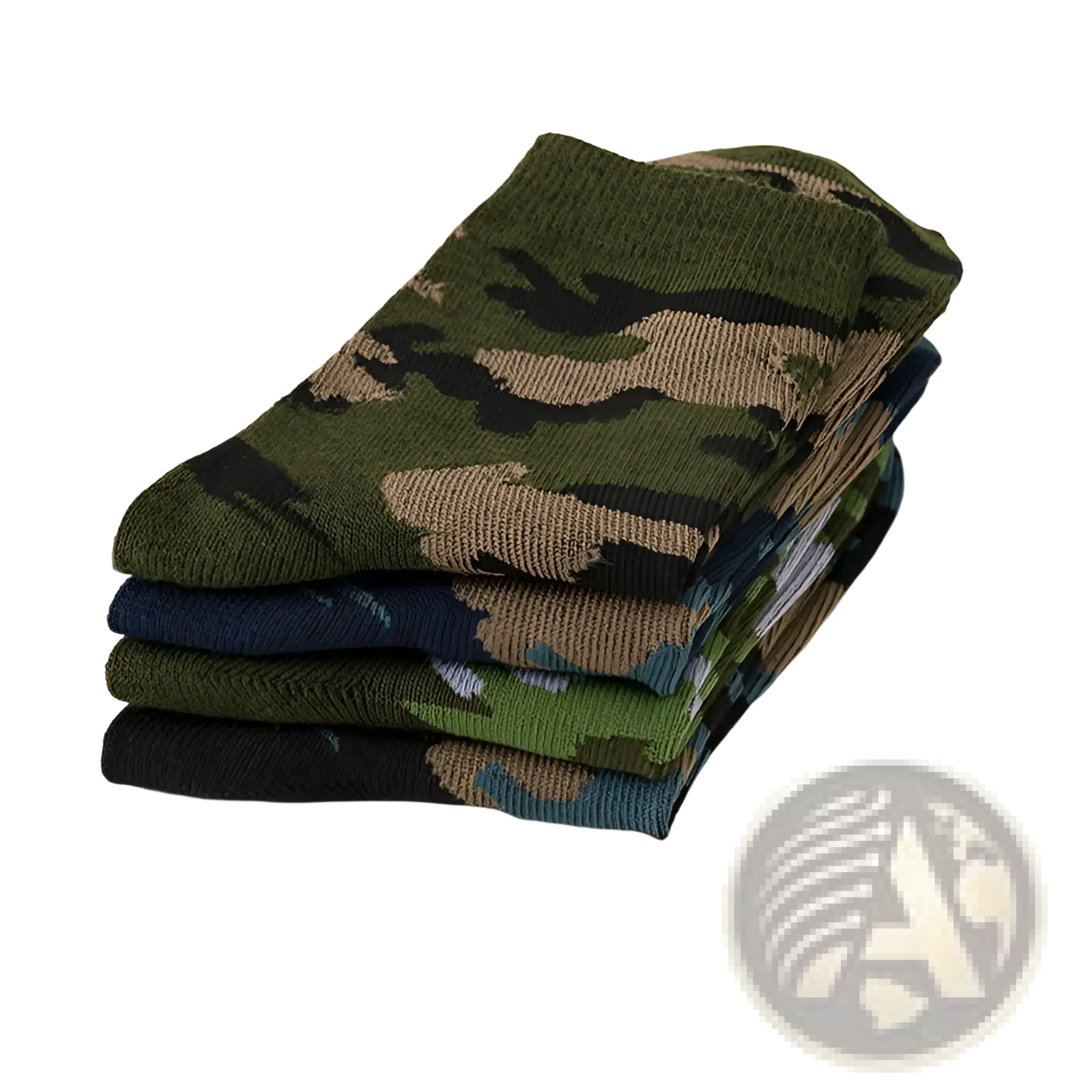 Stack of camouflage military training socks for men in olive green black and tan tones with durable fabric
