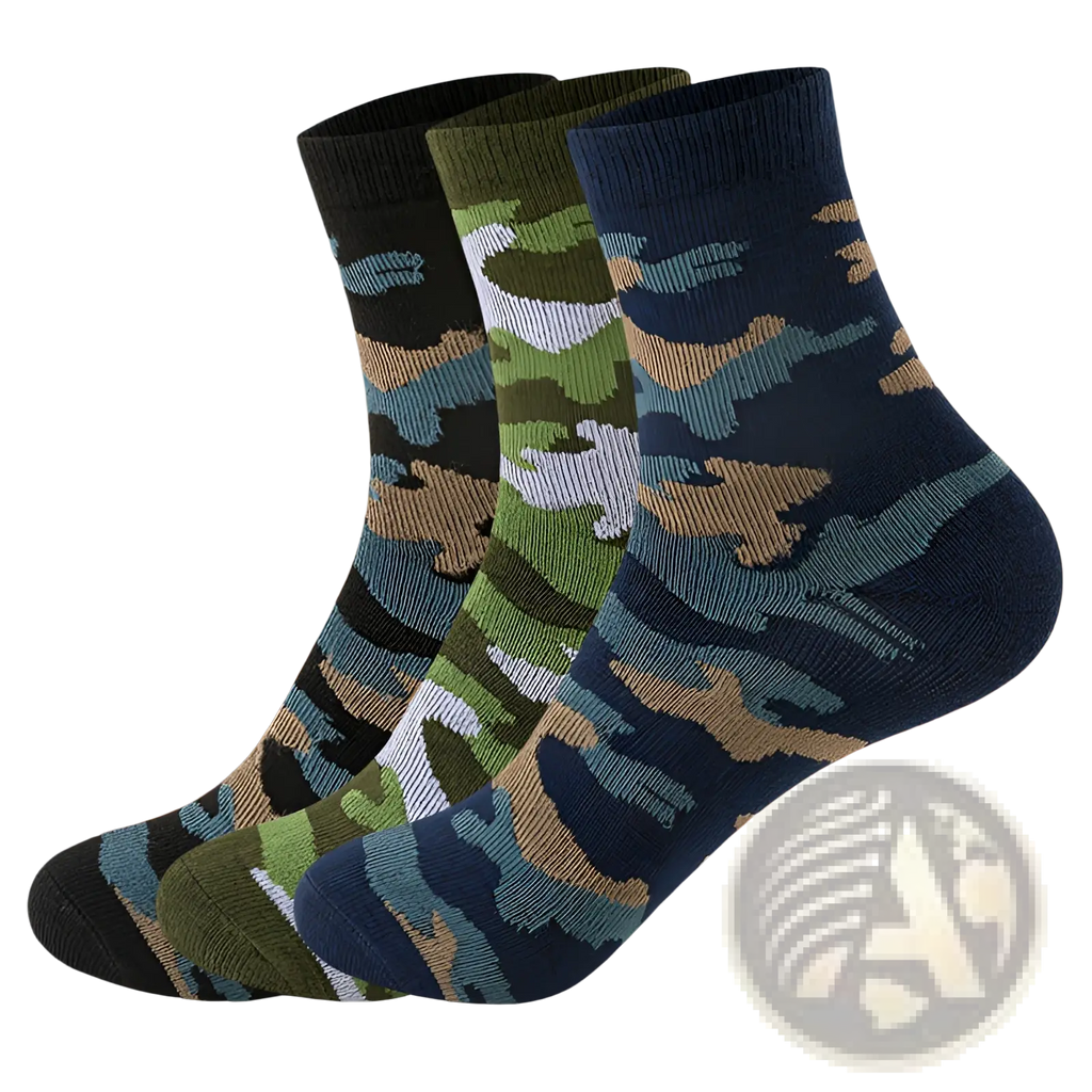 Three pairs of camouflage military training socks for men in navy green and olive with tan and white accents