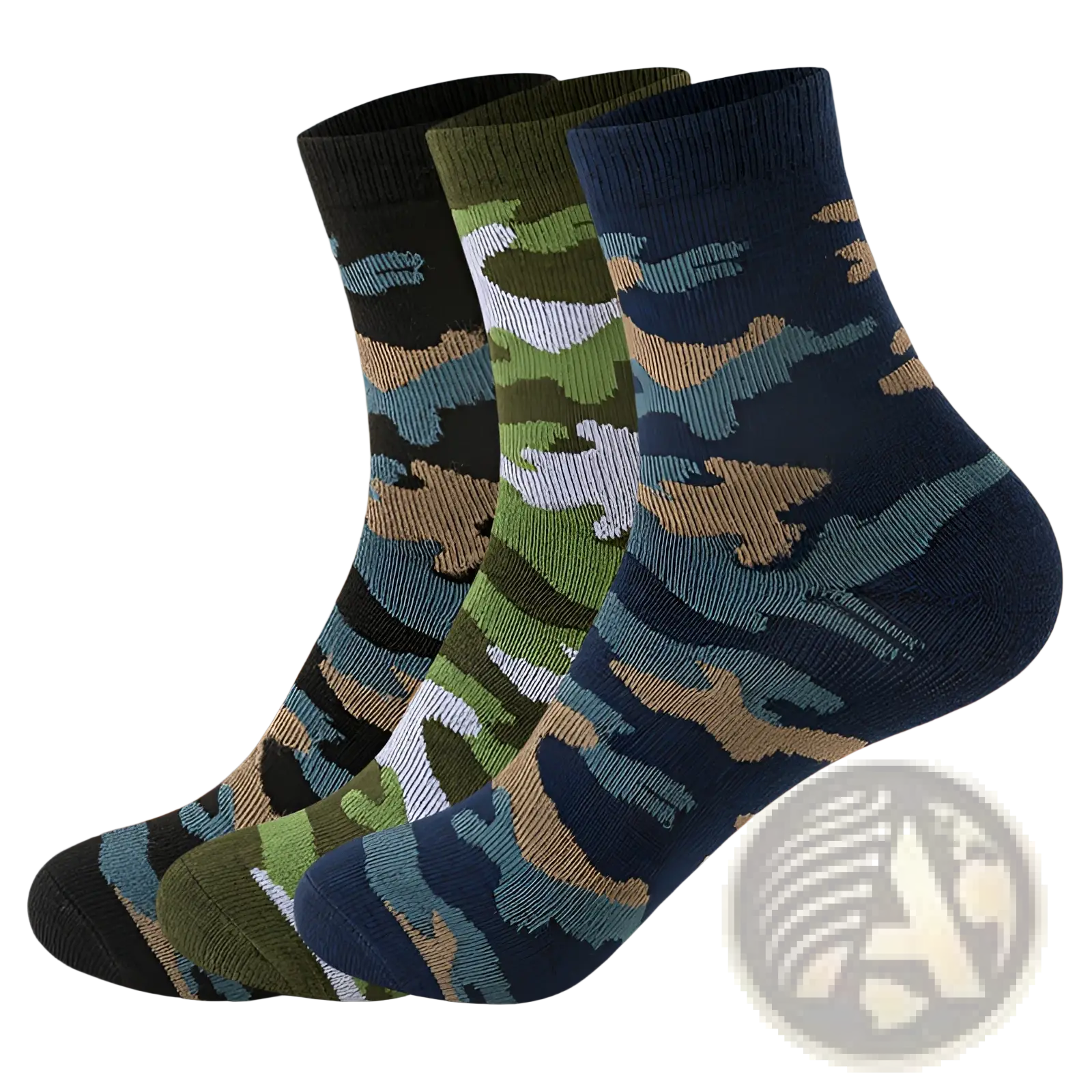 Three pairs of camouflage military training socks for men in navy green and olive with tan and white accents