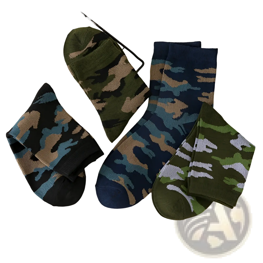Three pairs of camouflage military training socks for men in green navy blue and black with tan and light blue accents