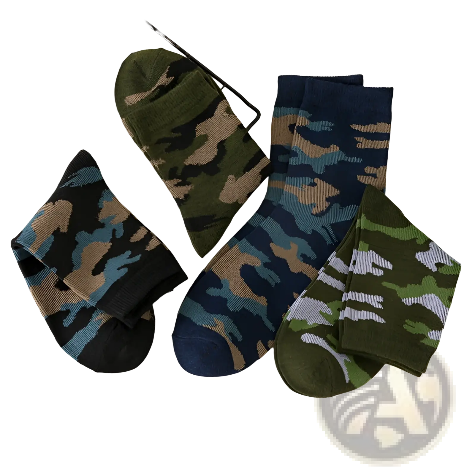 Three pairs of camouflage military training socks for men in green navy blue and black with tan and light blue accents