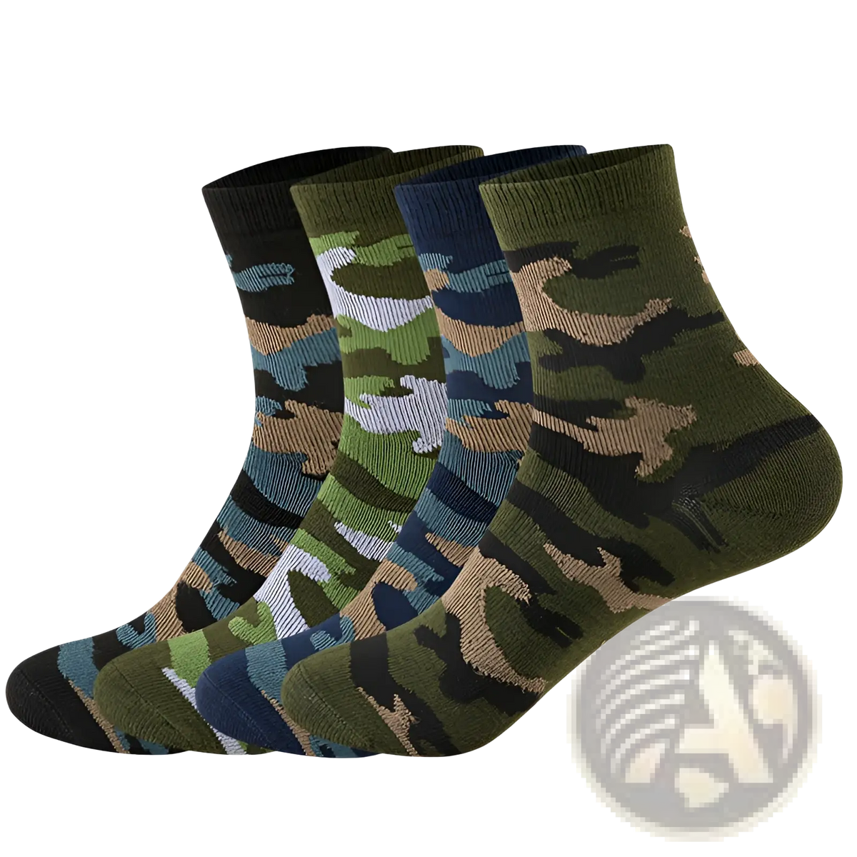 Set of four camouflage military training ankle socks for men in green blue and beige tones for outdoor use