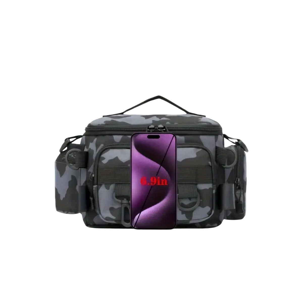 Black and gray camouflage tactical fishing waist bag with multiple pockets adjustable straps and top handle
