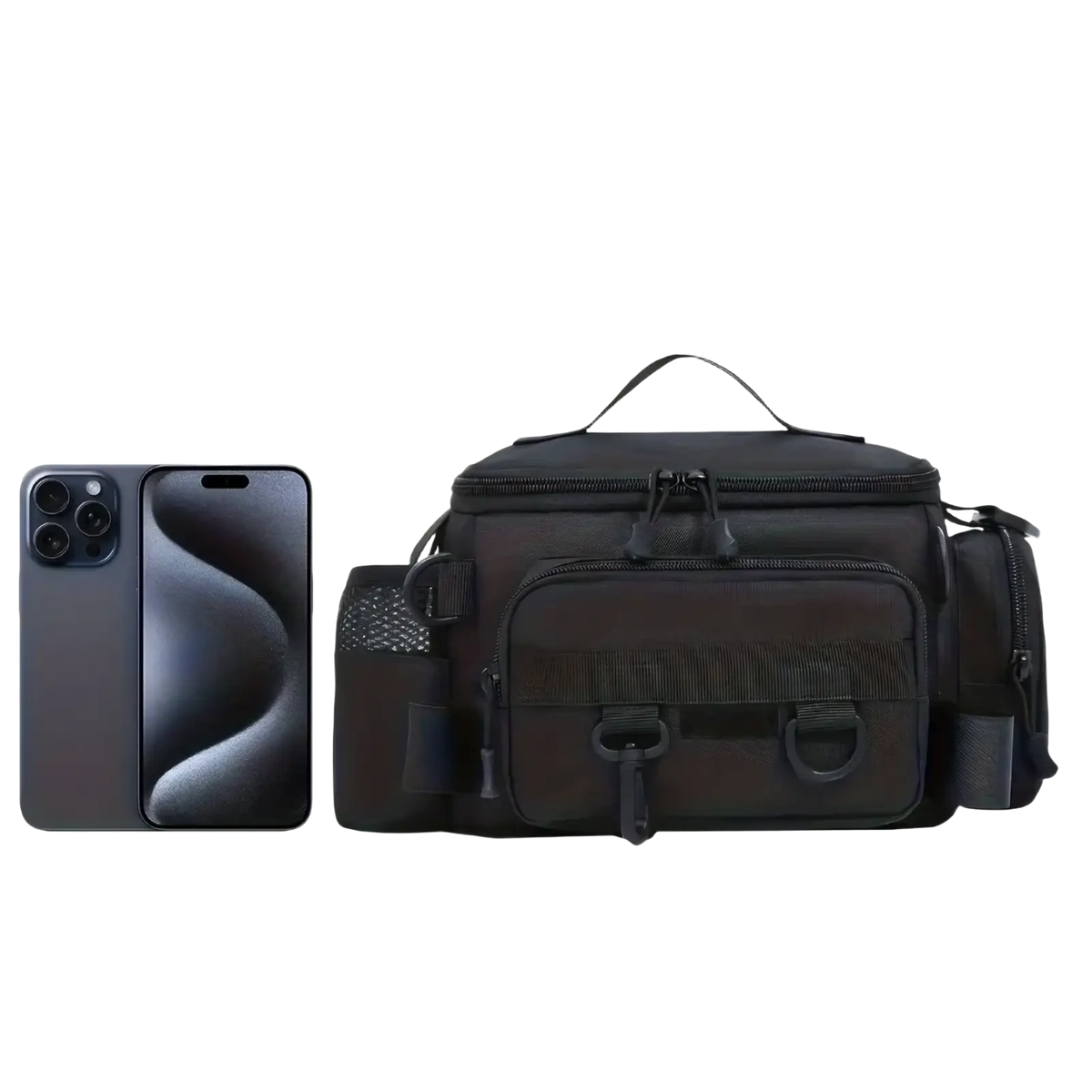 Black camouflage tactical fishing waist bag with multiple zippered compartments and mesh side pockets