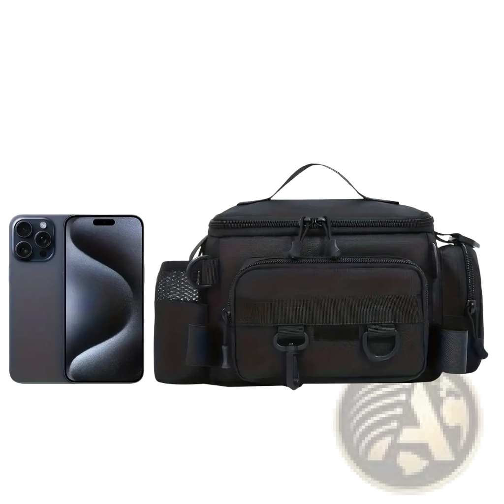 Black camouflage tactical fishing waist bag with multiple zippered compartments and mesh side pockets