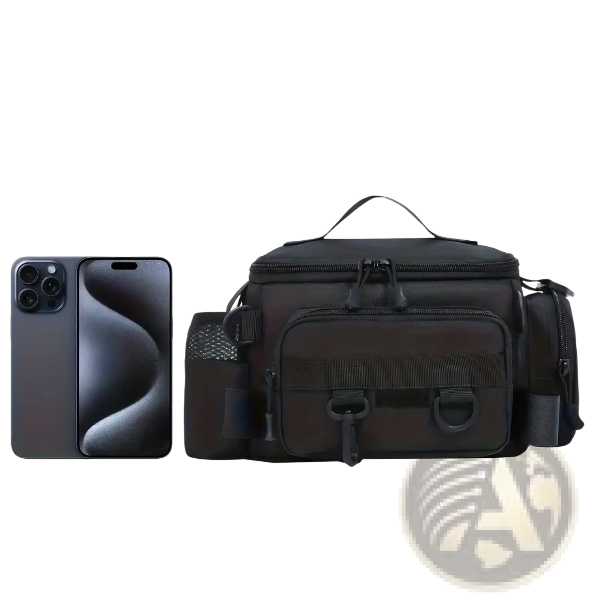 Black camouflage tactical fishing waist bag with multiple zippered compartments and mesh side pockets