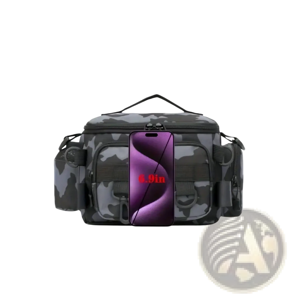 Black and gray camouflage tactical fishing waist bag with multiple pockets adjustable straps and top handle