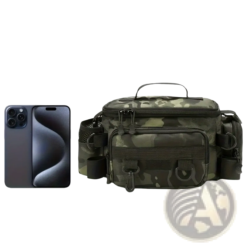 Camouflage tactical fishing waist bag crossbody pack with multiple zippered compartments and adjustable straps