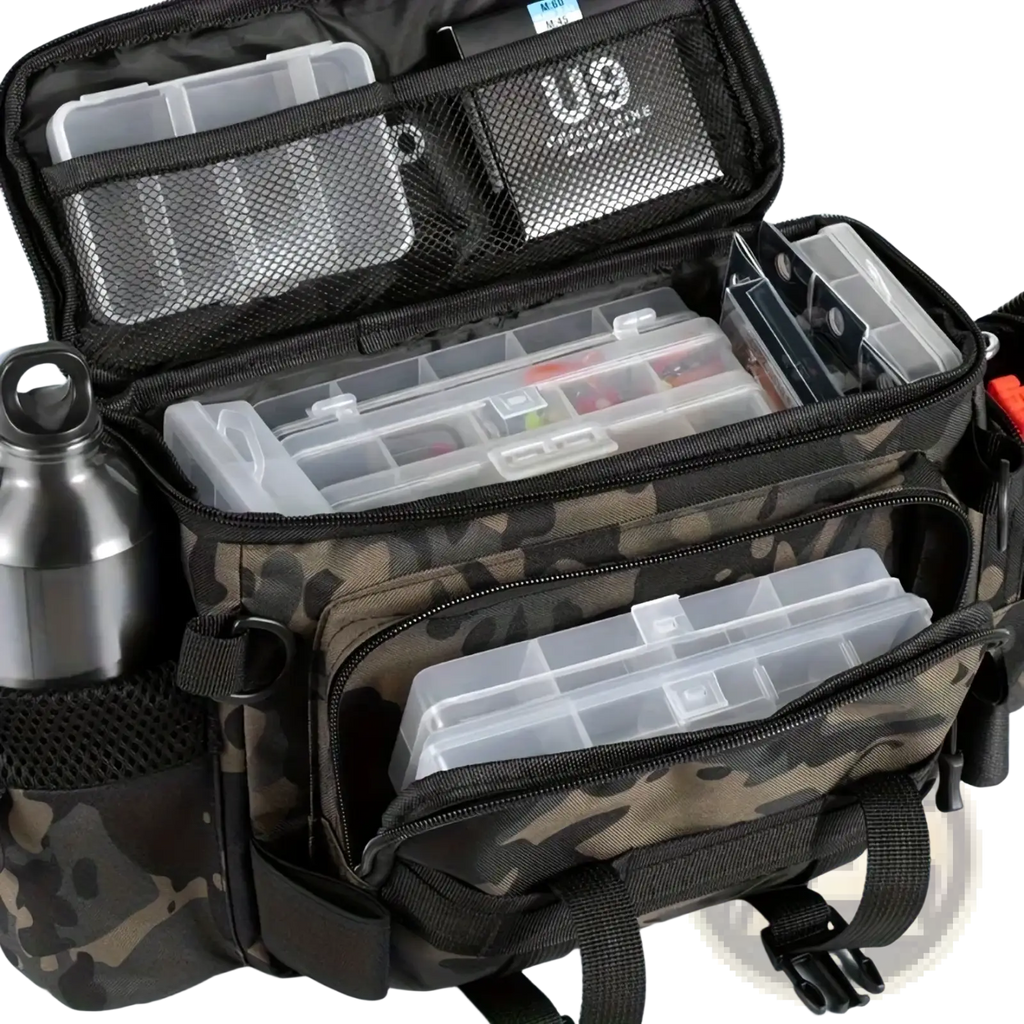 Camouflage tactical fishing waist bag crossbody pack with multiple transparent compartments and side mesh pocket holding a stainless steel bottle