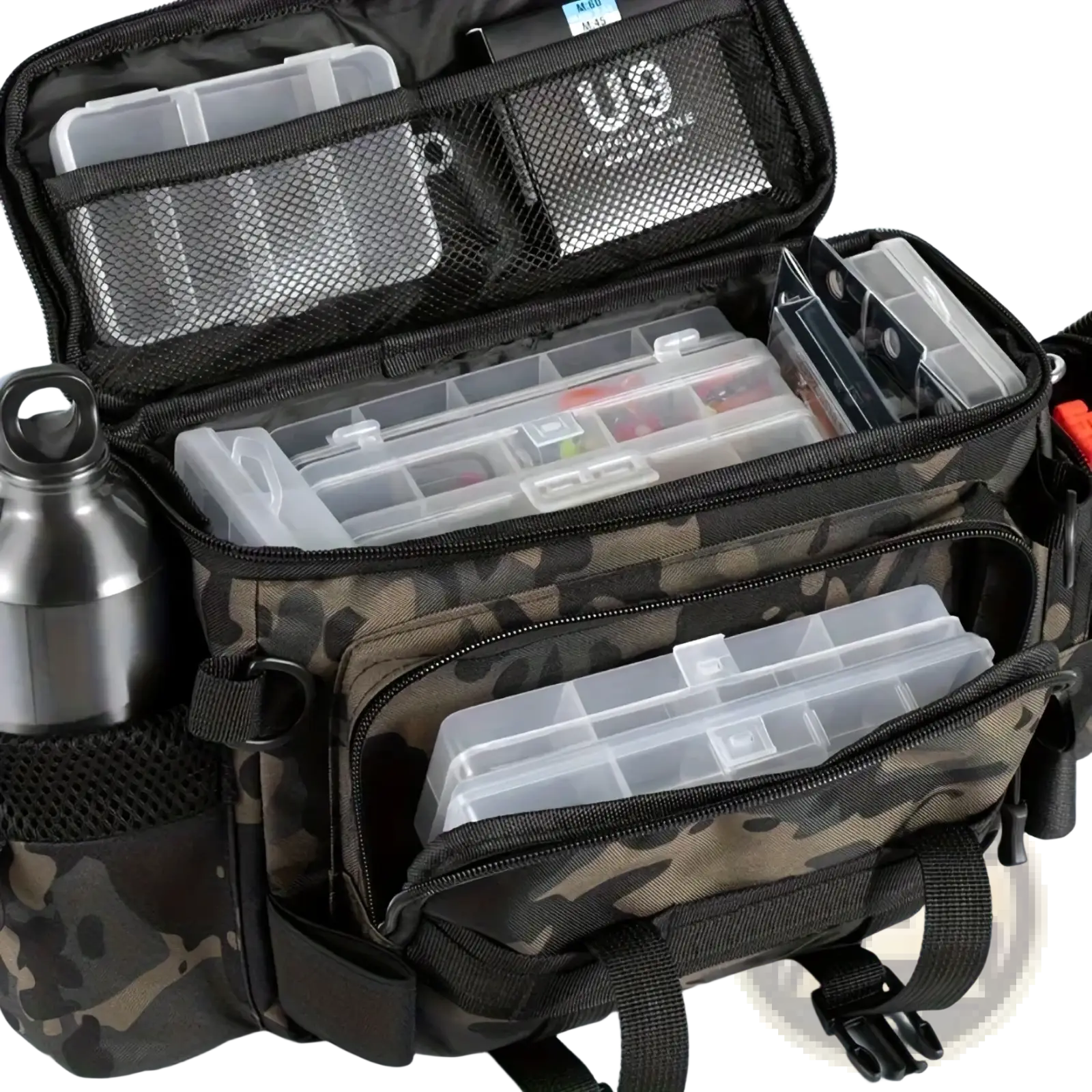 Camouflage tactical fishing waist bag crossbody pack with multiple transparent compartments and side mesh pocket holding a stainless steel bottle