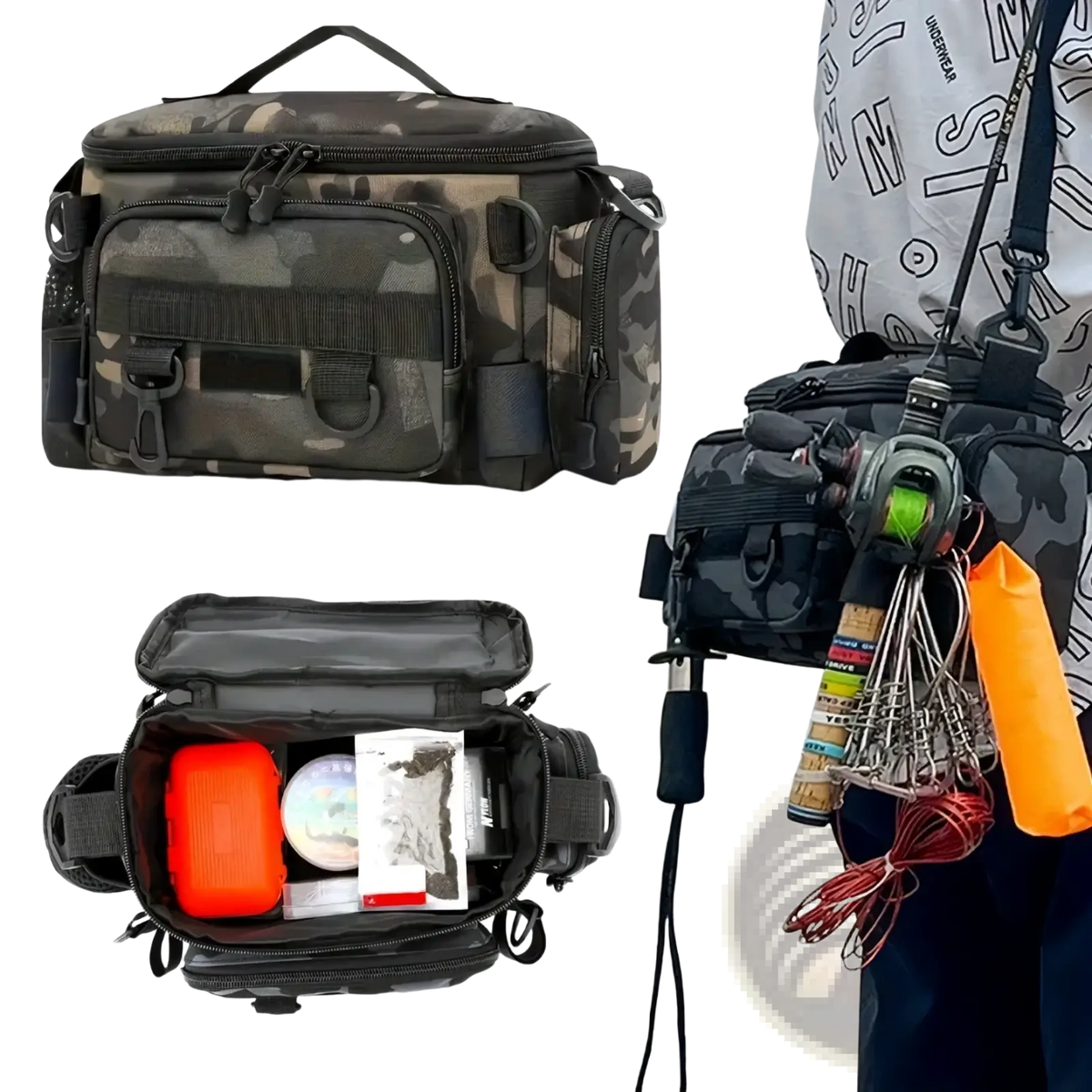 Camouflage tactical fishing waist bag crossbody pack with multiple compartments and black zippers for organized storage