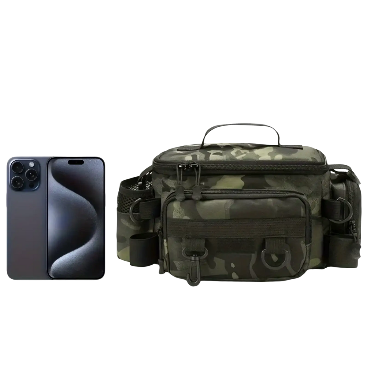 Camouflage tactical fishing waist bag crossbody pack with multiple zippered compartments and adjustable straps
