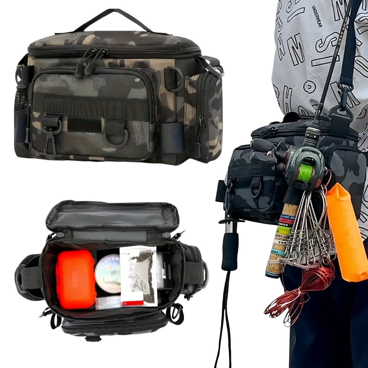 Camouflage tactical fishing waist bag crossbody pack with multiple compartments and black zippers for organized storage