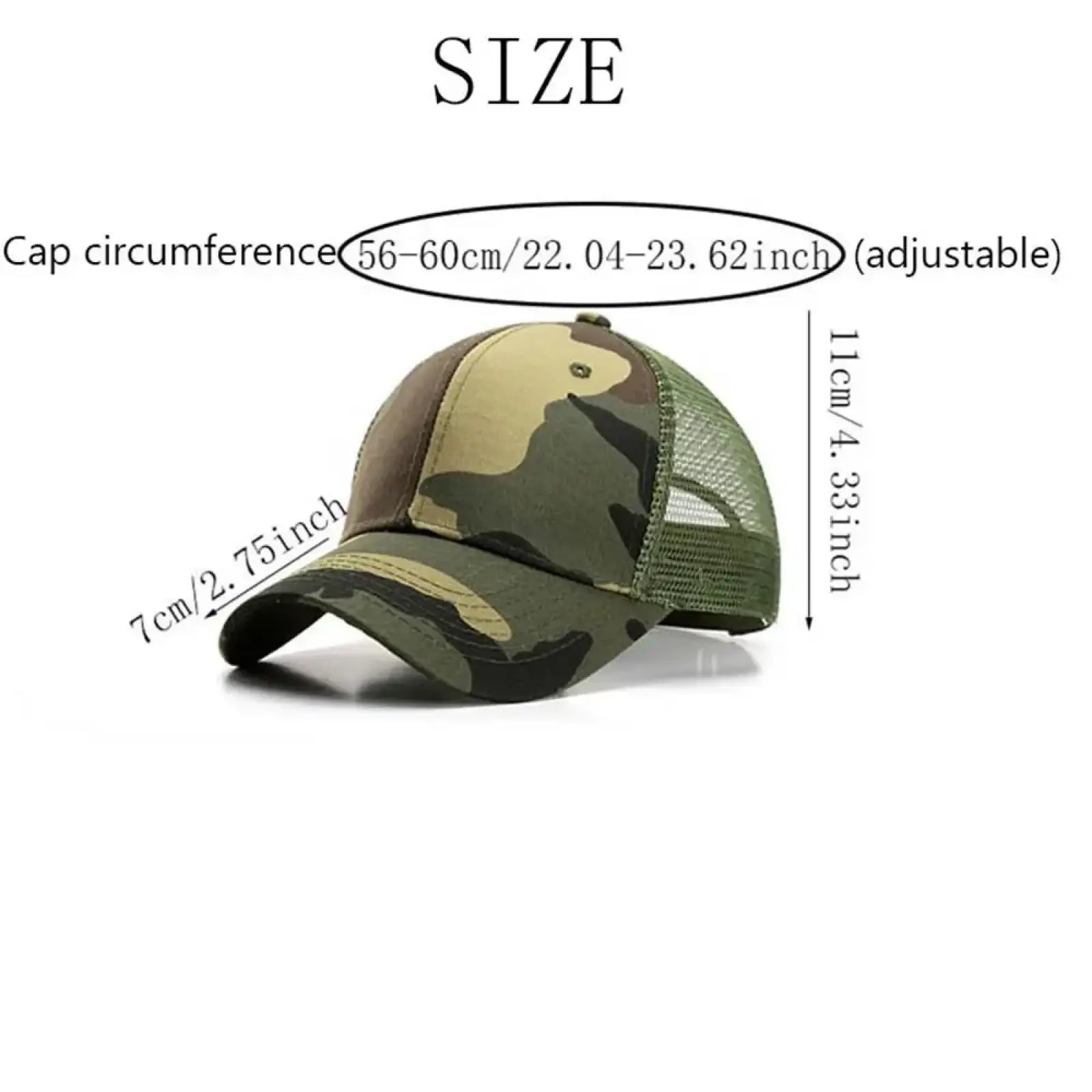 Camouflage trucker hat showing mesh back with adjustable strap designed for outdoor use