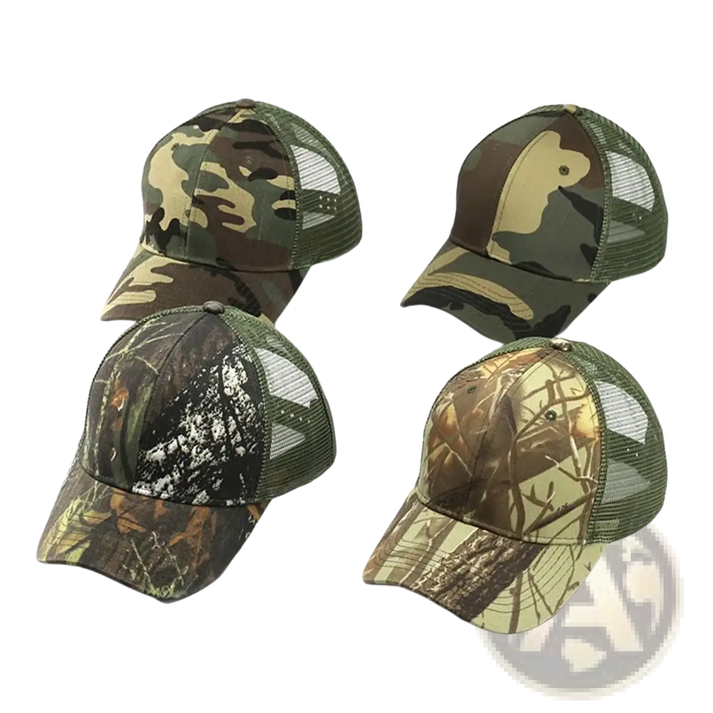 Four camouflage trucker hats with mesh backs in woodland and tree patterns in green brown and beige for outdoor use