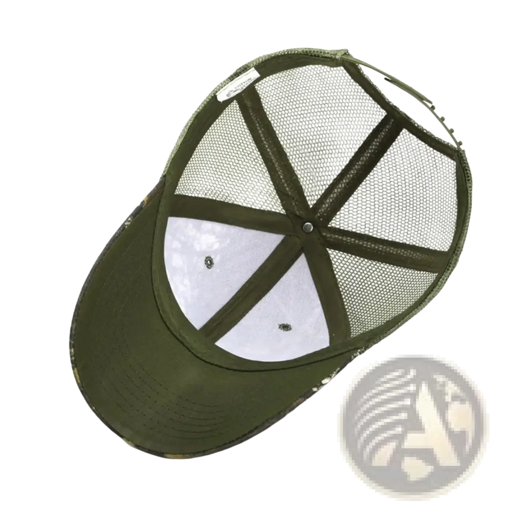Olive green camouflage trucker hat with mesh back and adjustable strap shown from the back side