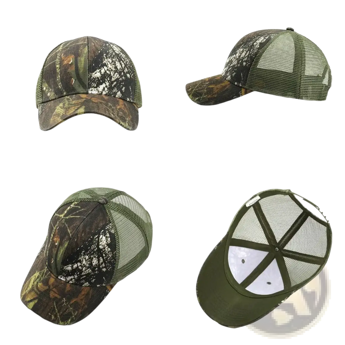 Camouflage trucker hat with mesh back and brim in earthy green brown and white tones for outdoor use