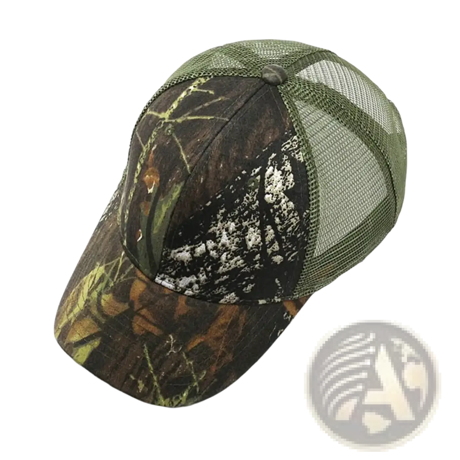 Camouflage trucker hat with mesh back and olive green panels designed as an outdoor mesh baseball cap