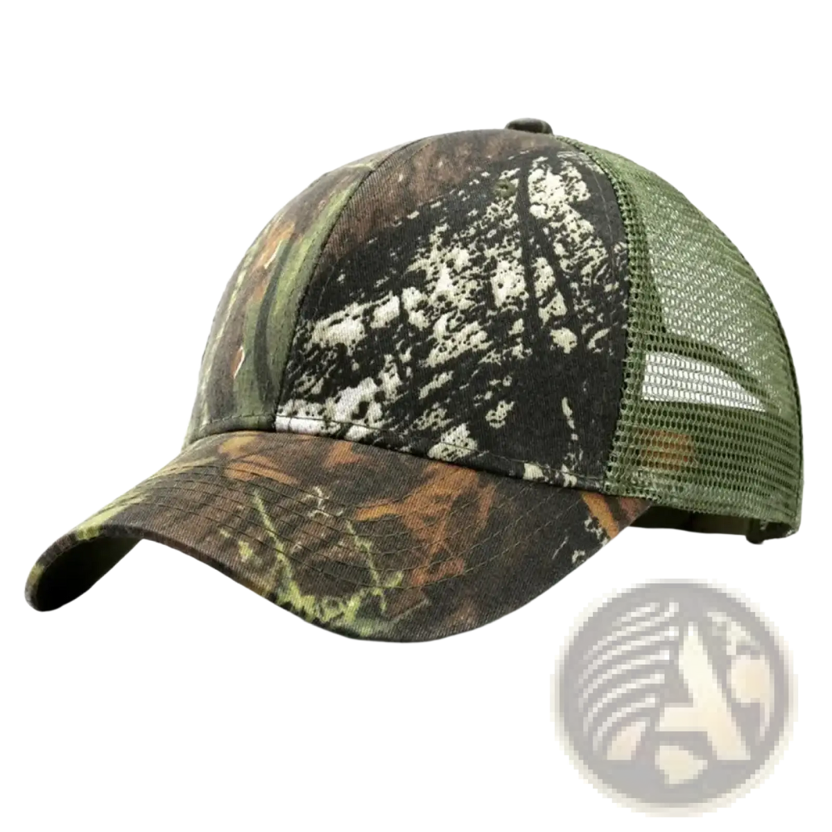 Camouflage trucker hat with mesh back and brim in earthy green brown and black tones for outdoor use