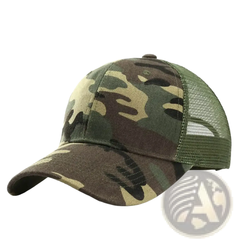 Camouflage trucker hat with mesh back and adjustable strap suitable for outdoor use shown from the back side