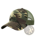 Camouflage trucker hat with mesh back and adjustable strap suitable for outdoor use shown from the back side